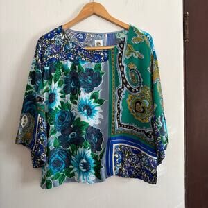 TINY | Anthropologie Ellery Blue Green Mixed Pattern Patchwork Boxy Blouse Small